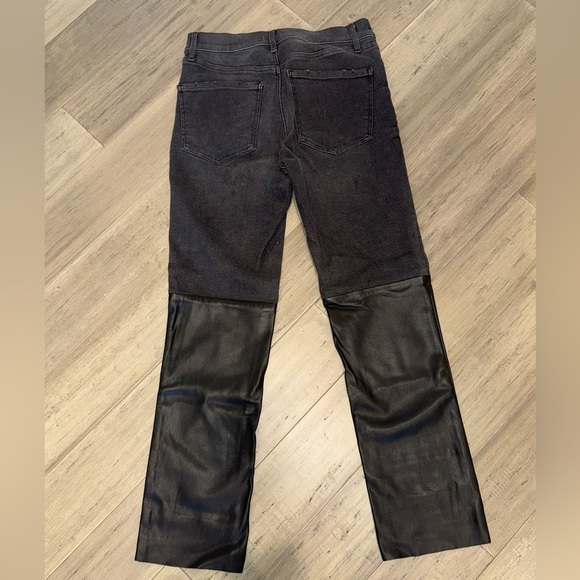 EXPRESS | Super High Waisted Faux Leather Paneled '90s Slim Jeans - Picture 5 of 9